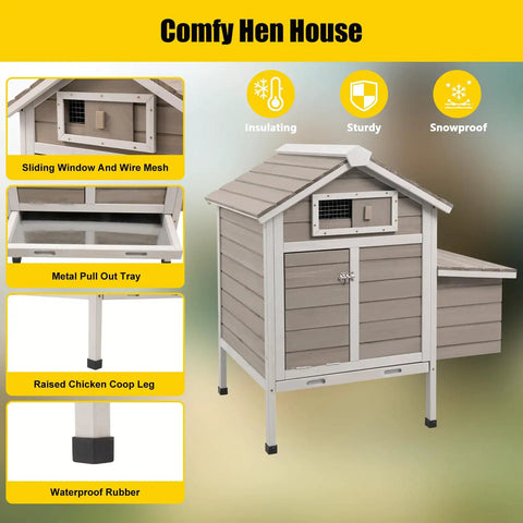 32 Inch Wooden Chicken Coop Outdoor For 1 To 3 Chickens With Pull Out Tray and Ramp, slatted roof, shown in grey with features highlighted