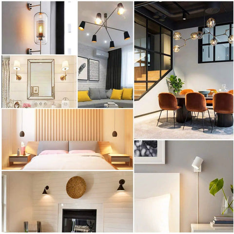 Collage of interior designs featuring Energy Efficient Dimmable Tubular LED Bulbs 4W 40W Equivalent 400LM Soft White lighting.