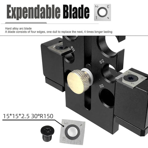 Heavy Duty Adjustable Wood Dowel Maker Jig Kit With Dual Aluminum Blades For Electric Drills, Expendable blade detail with black alloy components.