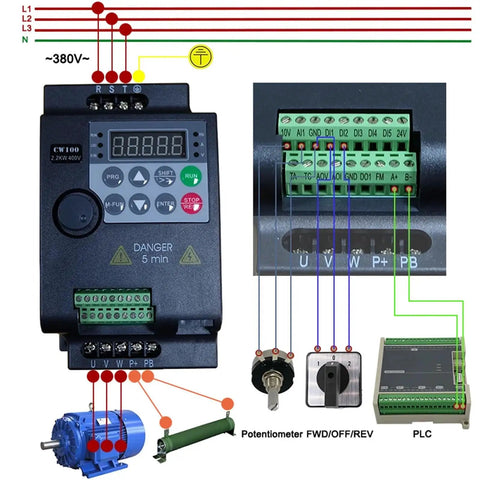 Budget Friendly VFD Variable Frequency Drive Inverter 1.5KW/2.2KW 1/2/3HP 380V With Speed Vector Control, Compact Motor Controller For Precise, Smooth Speed Adjustments wiring diagram for motor, potentiometer, and PLC