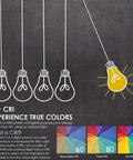 Illustration of 90+ CRI explaining color rendering index with hanging light bulbs.