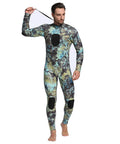 Man wearing Dope 3mm Camo Neoprene Wetsuit For Men And Women Unisex OnePiece Dive Skin For Scuba Spearfishing and Cold Water Warmth