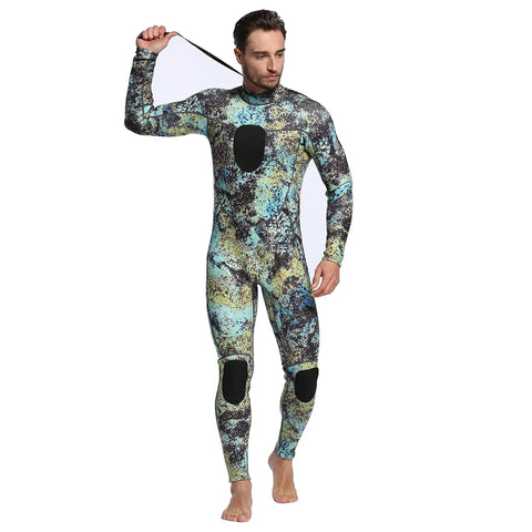 Man wearing Dope 3mm Camo Neoprene Wetsuit For Men And Women Unisex OnePiece Dive Skin For Scuba Spearfishing and Cold Water Warmth