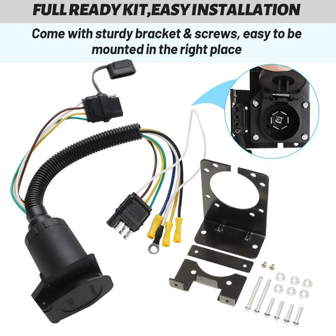 No Sweat Four Pin To Seven Pin RV Trailer Wiring Adapter With Dual Output Flat Harness and Brake Wire Circuit for Stress Free Towing Rig Setup with bracket and screws.