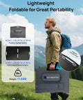 Man carrying 12V 50Ah LiFePO4 Battery With 100W Portable Solar Panel, Bluetooth 5.0 Real-Time Monitoring, foldable design.