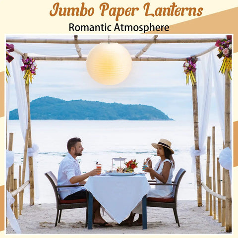 Jumbo 30 Inch White Paper Lanterns Hanging Luminaries For Weddings And Events over beachfront dinner setup