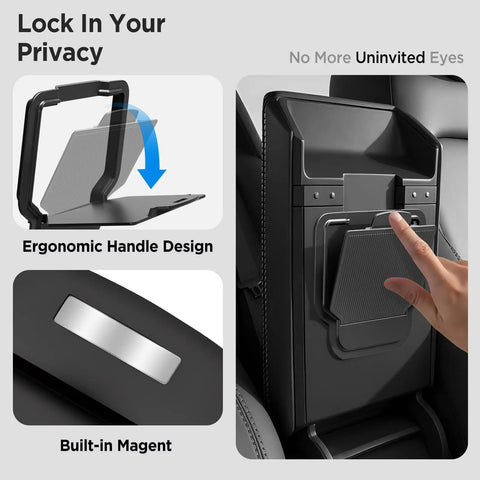 Center Console Organizer Tray For Tesla Model Y Juniper 2025 2026 And Model 3 Highland 2024 2025 2026, matte black, ergonomic handle.