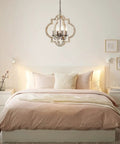 Bedroom with 4 Light Farmhouse Chandelier With Handmade Wood Frame And Rustic Bronze Arms, Ceiling Light Fixture, Brown Finish