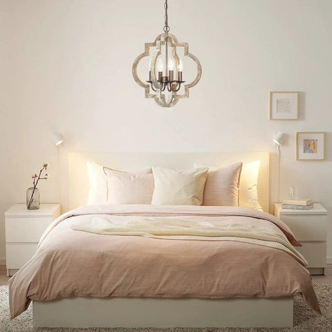 Bedroom with 4 Light Farmhouse Chandelier With Handmade Wood Frame And Rustic Bronze Arms, Ceiling Light Fixture, Brown Finish