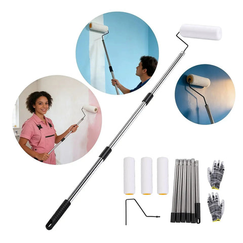 Legit Game Changer Paint Roller Kit With Extendable Stainless Steel Pole for Painting Walls and Ceilings Adjustable height shown with users applying paint.