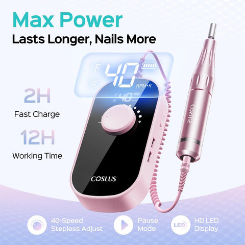 Rechargeable Electric Nail Drill 40000 RPM With Portable Nail File And Storage Stand Pro Grade Power For Acrylic Gel Polishing Pink