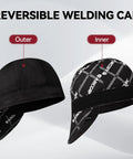 Reversible Welding Cap for Welders, Thick 10 Oz Fireproof Cotton Beanie, 8-Panel, Black, Showing Outer and Inner Design