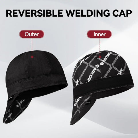 Reversible Welding Cap for Welders, Thick 10 Oz Fireproof Cotton Beanie, 8-Panel, Black, Showing Outer and Inner Design