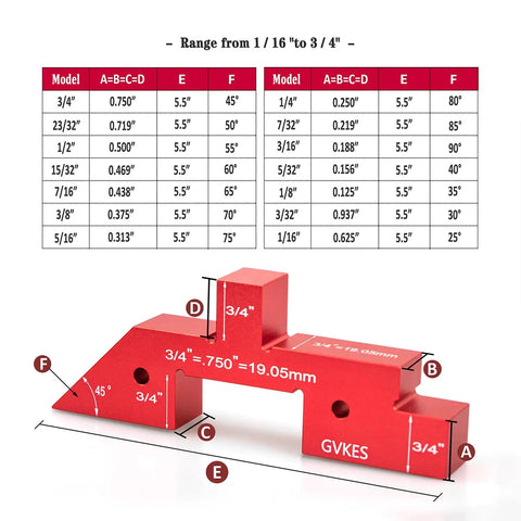 Red aluminum setup block with precision measurement gauges, labeled dimensions, and reference chart for woodworking accuracy.
