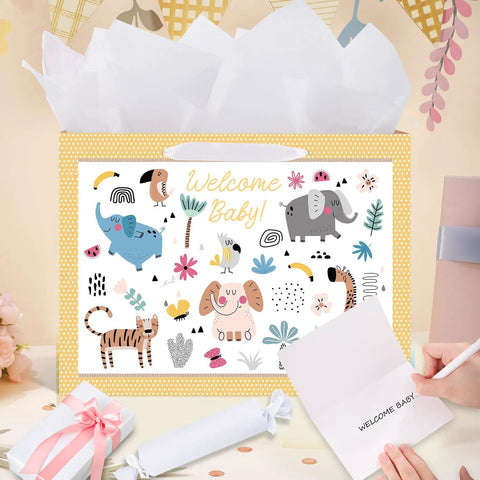14.5 Inch Unisex Baby Gift Bag Set With Tissue Paper And Greeting Card For Baby Shower And Birthday Parties Cute Animal Design