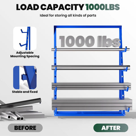 Rock Solid Alloy Steel Lumber Storage Rack And Pipe Shelf With 1000 Lbs Capacity For Garage Workshop Gear Organization, blue heavy-duty rack with adjustable shelves.