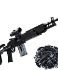 One To One Scale MK14 Style Gun Block Set With 1568 Pieces Ultra Detailed Military Sniper Rifle Model Kit displayed with parts