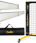 Wheeled Pickleball Net Set With Regulation 22 Foot And 11 Foot Half Court Sturdy Metal Frame Easy Carry Bag, black and yellow.