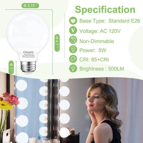 G25 LED Globe Bulbs 5W Vanity Light Bulbs 60W Equivalent Daylight 4000K Non Dimmable E26 Base Pack Of 4 with specifications