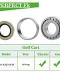Top Tier Golf Cart Front Wheel Hub Bearing And Oil Seal Repair Kit For Ezgo Txt 1976 Up showing three bearing components.