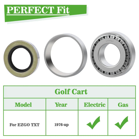 Top Tier Golf Cart Front Wheel Hub Bearing And Oil Seal Repair Kit For Ezgo Txt 1976 Up showing three bearing components.