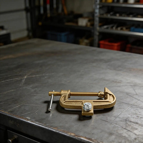 Top Tier 1000 Amp Brass Welding Earth Clamp With C Type Screw Design for Heavy Duty Shipyard Jobs And Steel Structure Projects That Won't Overheat Or Fail On Intense Work Days on metal surface.