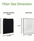 Dimensions of Premium True HEPA Carbon Four Pack Pre Filter Set For Sears Kenmore, showing activated charcoal and HEPA filter sizes.