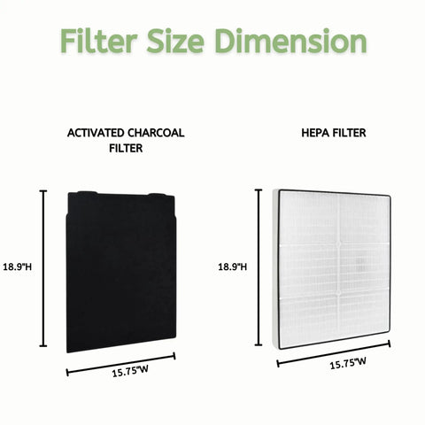 Dimensions of Premium True HEPA Carbon Four Pack Pre Filter Set For Sears Kenmore, showing activated charcoal and HEPA filter sizes.