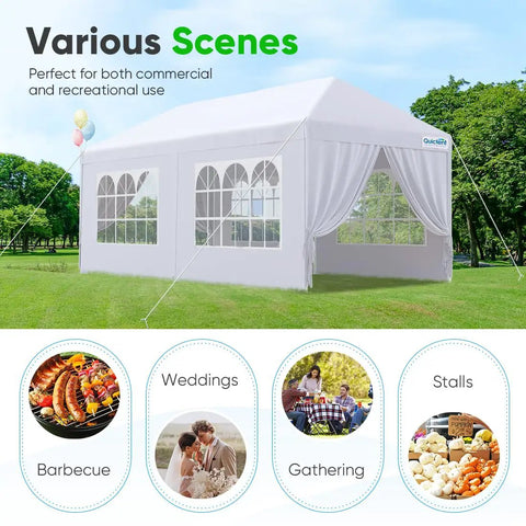 10x20 Outdoor Party Tent Gazebo With Removable Church Sidewalls For Weddings And BBQs in a garden setting