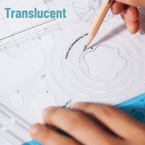 Close-up of Knockout Two Piece Landscape And Yard Design Template Set showing translucent drafting stencil with tree shapes.