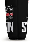 Side view of Paddler Tote Bag For Dragon Boat Racing And Dragonboating, showing black canvas with dragon boat design and text.
