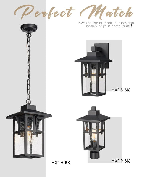 Outdoor Porch Pendant Light With Seeded Glass Shade In Matte Black Farmhouse Exterior Hanging Lantern For Gazebo Built Tough Weatherproof ETL Listed Rust Resistant Adjustable Chain Large HX1H BK showcased alongside matching fixtures.