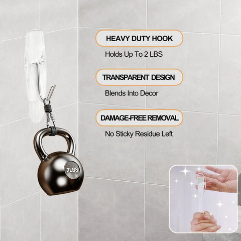 Clear Wire Wall Hooks With Removable Adhesive Strips No Damage Hacks For Ultimate Organization Holds Up To 2 Pounds Each on tiled wall.