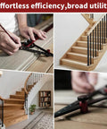 Stair Gauge And Layout Tool Set With Flexible Extension Beams used for measuring stair treads in various carpentry projects.