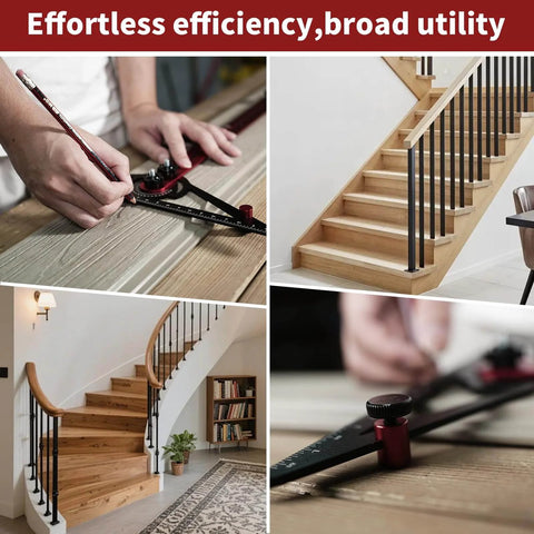Stair Gauge And Layout Tool Set With Flexible Extension Beams used for measuring stair treads in various carpentry projects.