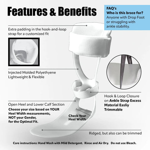 Features of Drop Foot Stabilizer AFO Brace For Easy Confident Walking Lightweight Breathable Ankle Support with open heel and padded strap