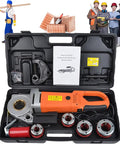 Heavy Duty Hand Held Electric Pipe Threader with six heads, copper motor, portable kit inside case for plumbing work.