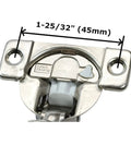 Close-up of Rock Solid Soft Close Cabinet Hinge showing 1-25/32" hole spacing, ideal for 1 1/4 inch overlay door installation.