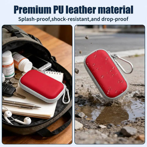 Solid Build Hard Case For Alivecor Kardiamobile One Lead 6L And 6L Max Featuring Shock Absorbing Foam Padding And Splash Resistant Shell For Commute Ready Storage in red PU leather case.