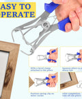 Huge 23 Pc Miter Spring Clamp Kit With Heavy Duty Stainless Steel Pliers For Woodworking, Picture Frame Assembly, And Wood Trim Molding Perfect For DIY Pros And Home Builders Who Need Strong, Rust Proof Clamps That Grip Tight Every Single Time Without. stainless steel spring clamp pliers gripping a picture frame corner