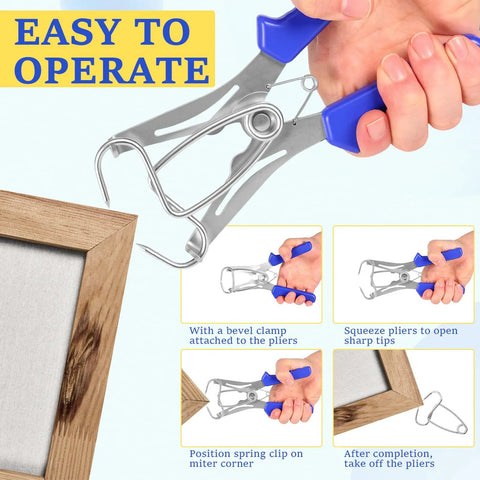 Huge 23 Pc Miter Spring Clamp Kit With Heavy Duty Stainless Steel Pliers For Woodworking, Picture Frame Assembly, And Wood Trim Molding Perfect For DIY Pros And Home Builders Who Need Strong, Rust Proof Clamps That Grip Tight Every Single Time Without. stainless steel spring clamp pliers gripping a picture frame corner