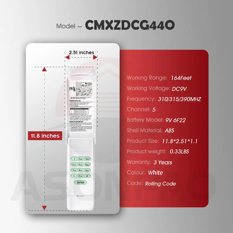 Wireless Universal Garage Door Opener Keypad CMXZDCG440 with dimensions and specifications displayed