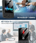 Clip-On 64GB MP3 Player With Bluetooth 5.2 featuring FM radio display and voice recording function in a meeting setup
