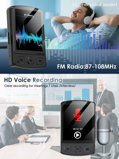 Clip-On 64GB MP3 Player With Bluetooth 5.2 featuring FM radio display and voice recording function in a meeting setup