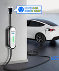Level One And Two EV Charger 16 Amp 17 Ft Cable Portable Electric Vehicle Charging Station plugged into a wall outlet.