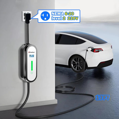 Level One And Two EV Charger 16 Amp 17 Ft Cable Portable Electric Vehicle Charging Station plugged into a wall outlet.
