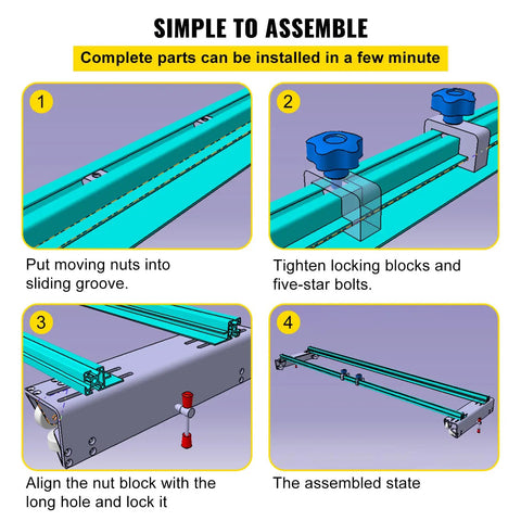 Knockout Router Sled For Dedicated Woodworkers 64 Inch Wide Slab Guide Jig assembly steps showing aluminum frame and locking mechanism.