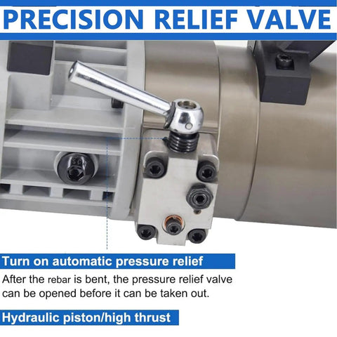 Close-up of precision relief valve on Heavy Duty Electric Hydraulic Rebar Bender And Straightener Machine for construction.