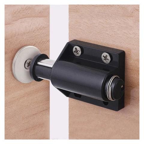 Grab These 8 Pack Single Magnet Cabinet Catches For The Perfect Door Stopper And Rebounder With Invisible Design And Seamless Clean Look For Cupboards And Wardrobes - Close-up of a black cabinet catch mounted on wood.