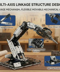 Front view of Amazon STEM Remote Control Robotic Arm Building Kit with white and black plastic and motor-driven claw